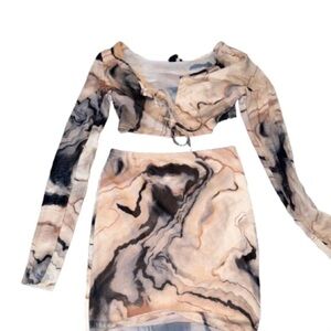 Forever 21 Marble Print Mini Skirt Set - Cream and Black